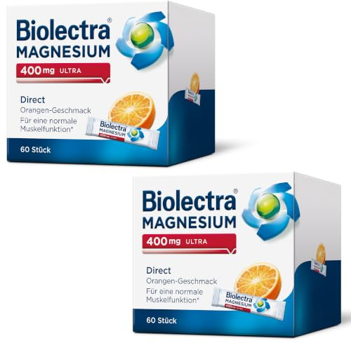 Biolectra Magnesium 400 mg Direct Sticks Orange, 2 x 60 Stück: Für eine normale Muskelfunktion bei erhöhtem Bedarf, Magnesium Direkt-Sticks, hochdosiert