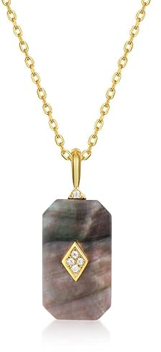 925 Sterling Sliver Pendentif Collier pour Femmes Rectangle Coquille Noire Zircon Plaqué Or Chic Bijoux Chic