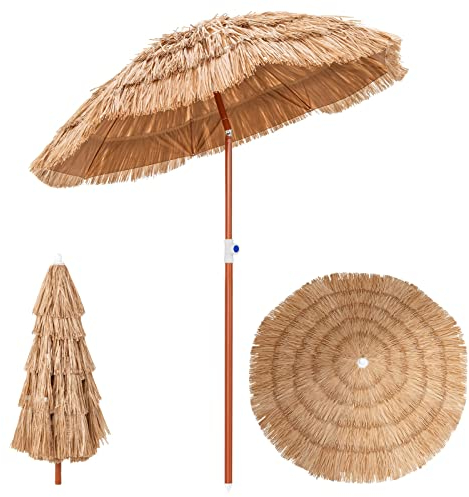 COSTWAY Sombrilla playa, Sombrilla Terraza Exterior con Apariencia de Paja y 8 Costillas, Sombrilla de Playa Inclinable y Plegable para Jardín, Parasol Exterior sin Base (Natural, φ155 cm)