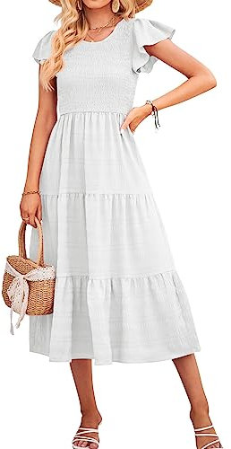 QUNERY Robe Femme Été Mi Longue Casual Manches Courtes Col Rond de Plage Vacances A-Blanc L