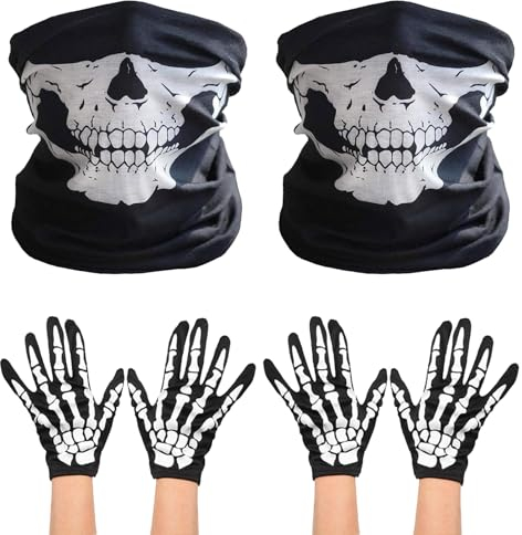 EUPSIIU 6 Stück Totenkopf Maske + Skelett Handschuhe, Schwarz Skelett Handschuhe Set für Halloween, Gesichtsmaske Handschuhe, Halloween-Kostümpartydekorationen, Outdoor Aktivitäten (Schwarz)