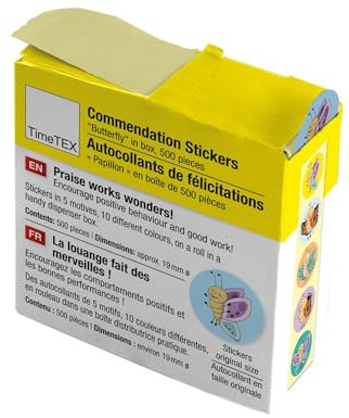 TimeTEX - Belobigungs-Aufkleber Schmetterling | Lehrersticker für motivierendes Feedback | 500 Sticker in praktischer Spender-Box | Verschiedene Motive und Hintergründe | 19 mm ø
