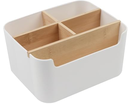 YIWONFU 5 Fächer Schreibtisch Organizer, Bambus Stiftehalter mit Abnehmbar Fächer, Multifunktional Büro Organizer Fernbedienung Organizer für Stifte, Haftnotizen, Brille, Schere(Weiß)