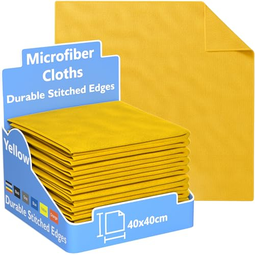 REXO - Microfibre Cloth 40x40cm Pack Of 15 Lint Free And Streak Free Cleaning Cloths Wipes For Home Furniture Polish, Kitchen, Car Cleaning, Bathroom, Window, Glass, Mirror And More (Yellow)