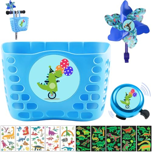 LUKIUP Fahrradkorb Kinder, Lenkerkorb vorne Mädchen, Einkaufskorb geflochten, Laufrad Lenkertasche, Abnehmbar Fahrradkorb aus Rattan mit Luftschlangen Fahrradklingel Aufkleber (Dinosaurier)