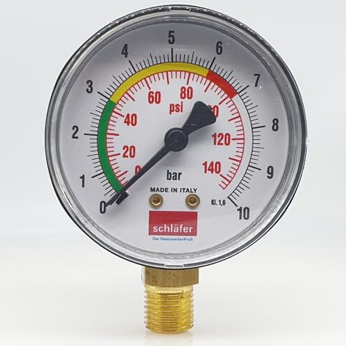 Schläfer 0930168 | Hydraulischer Reifenfüller Vertikales Manometer Radialer Anschluss 1/4 Skala 0-10 bar 63 mm für Luft-Wasser-Heizungssysteme Hydraulische Druckanzeige