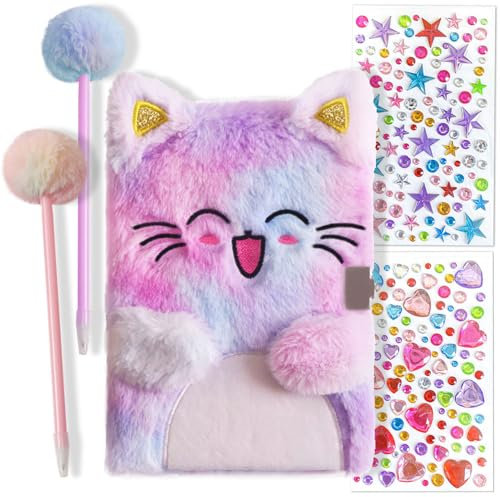 Belegao Secret Diary with Lock for Girls, Fluffy Journal with Lock Keys Pen Rhinestone Stickers Plush Secret Diary Notebook Set for Home School Travel Writing (Smile Cat Purple Tie-Dye)