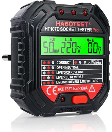Weinsamkeit Tester de Enchufe con Prueba RCD y Luces Indicadoras, 6 Tipos de Diagnóstico de Fallos, Probador de Enchufe con Indicación de Tensión y Corriente de Fuga, 48-250V/45-65Hz, CAT II 300V