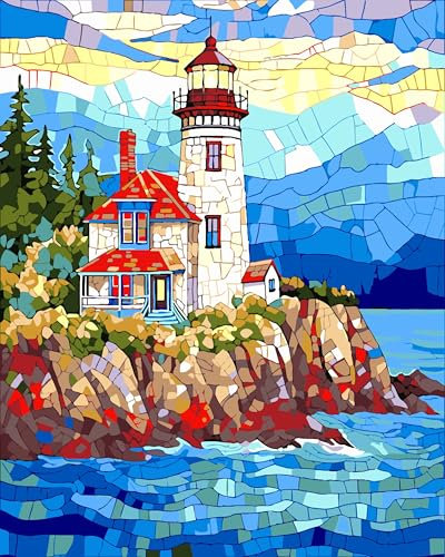 jieyisier Malen Nach Zahlen Erwachsene, DIY Handgemalt Ölgemälde Kit für Anfänger und Erwachsene Mit 3-Pinseln und Acrylfarbe zur Heimdekoration, Ohne Rahmen 40X50CM (Leuchtturm am Meer)