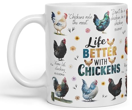 Vixar Life Better with Chickens Joke sarkasm Sarcastic Ceramic Coloured Mug Cup for Tea Coffee Hot Brew 330ml 11Oz Gift (White)
