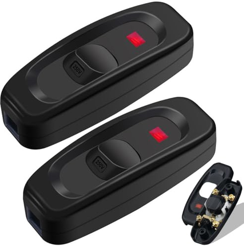 2 Pieces Inline Cord Switch AC 250V 10A With LED Indicator Light Single Pole ON/Off for Table Lamp Electrical Cord (Black)