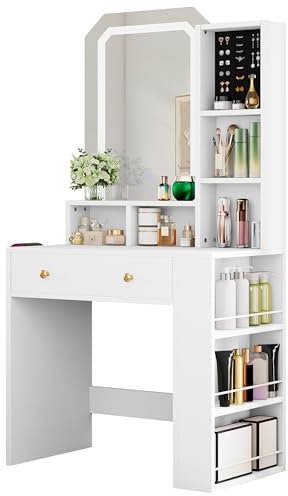 YITAHOME Small Dressing Table,Vanity Table,Makeup Desk with Jewelry Organizer, Adjustable Brightness LED Light,White