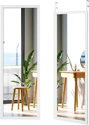 FANTASK Miroir Mural, Miroir de Porte avec Crochet de Suspension réglable en Hauteur, Miroir Suspendu, 120 x 37 cm, Blanc