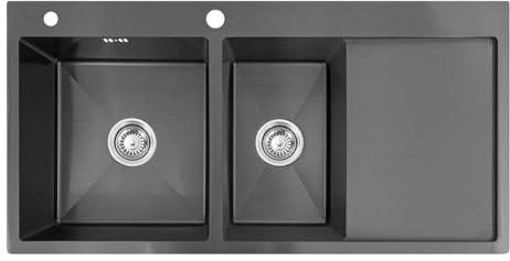 Omeere, 100 x 50 x 21, fregadero de cocina, acero inoxidable 304, grosor del material: 0,8 mm, fregadero, fregadero, fregadero empotrado, cuadrado, 2 cuencas, rebosadero, escurridor, color negro