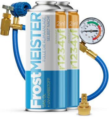 FrostMEISTER 2 en 1 – Kit de recarga de aire acondicionado para coche (2 latas de 400 ml + manguera con manómetro y adaptador) – para R1234yf (a partir de 2017), aplicación rápida, fácil y respetuosa