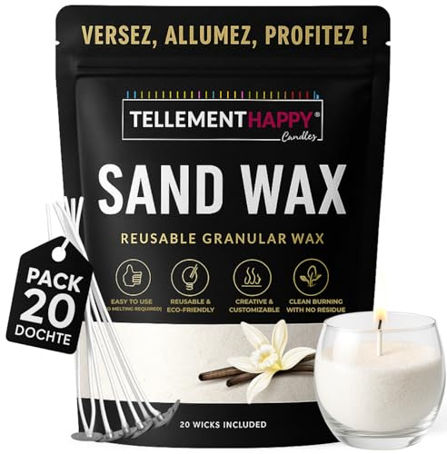 TellementHappy | Kerzenwachs in Sandform 1kg + 20 Dochte | Vanille | Kerzensand Umweltfreundlich & Wiederverwendbar | Einfache Kerzenherstellung | Wachsgranulat Pflanzlich