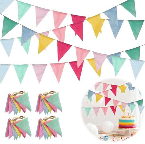 Hexizexi 48 Stück Wimpelkette Outdoor Bunt 4er-Set 16M | Wimpelgirlande Outdoor Girlande Wetterfest für Geburtstag Hochzeit Party(Hellblau、Gelb、Rot、Rosa、Hellviolett、 Hellgrün)