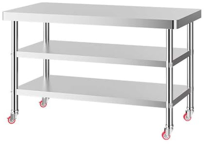 3-stöckiger Edelstahl-Küchentisch auf Rädern, rollbarer Metall-Arbeitstisch mit Regalen für Zuhause, Restaurant, Garage und Außenbereich (150 x 50 x 80 cm)