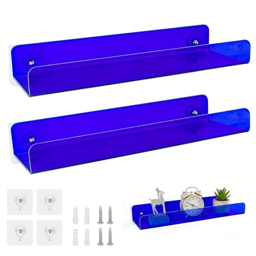 Regal Ohne Bohren, Regalboden, Kleberegal Wird mit Nagelfreien Wandaufklebern und Schrauben Geliefert, Regale Wand zur PräSentation Kleiner Dekoartikel, Wecker und Fotorahmen, Transparent Blau