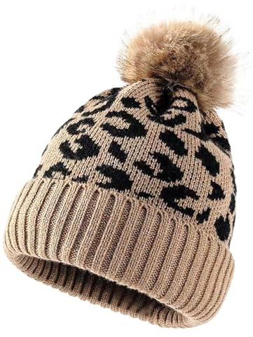 KASESSS WintermüTze Damen Mit Leopardenmuster, Khaki Beanie StrickmüTzen füR Damen Stilvoll Warme MüTze Mit Bommel Kuschelig PudelmüTze füR Herbst Winter Den TäGlichen Gebrauch StrickmüTze