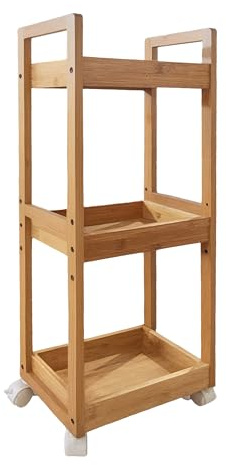Relaxdays Rollwagen, 3 Fächer, Bambus, HxBxT: 80x30x20 cm, Bad und Küche, MDF, schmaler Nischenwagen, Trolley, Farbe