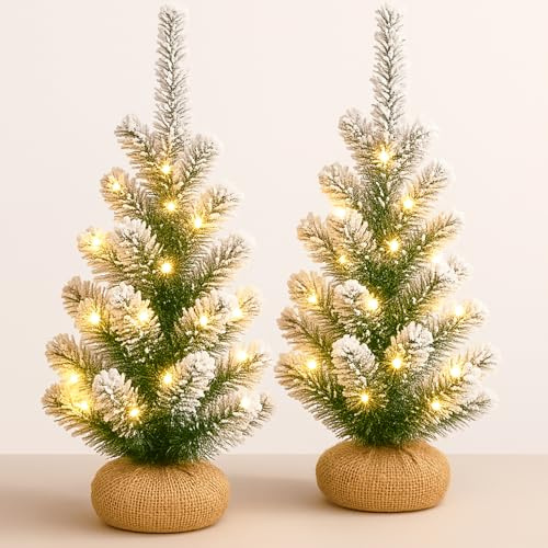 2x 60cm Artificial Mini Christmas Trees with Colour Select Lights - 2ft Indoor Battery Operated LED Green Xmas Tree - Jute Hessian Base Bag 60cm 2 Pack Trees (Snowy)