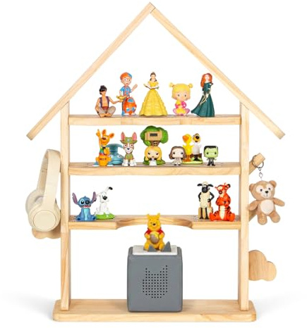 Todeco Étagère magnétique en Bois, pour Tonie Box et Tonies, Jusqu'à 30-40 Tonies, Aimants Renforcés, Crochets Latéraux, Étagère autoportante pour Chambre d’Enfant, Conception de cabanes