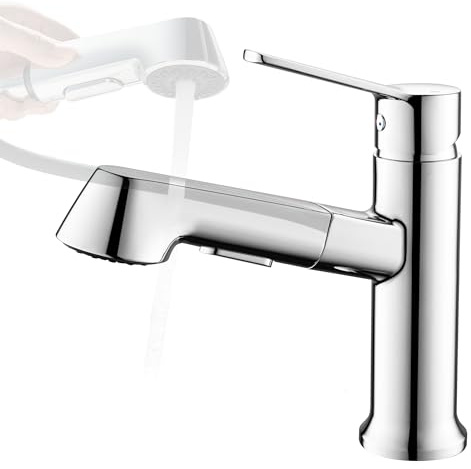 BAITUJIE Waschtischarmatur ausziehbar mit Brause, Chrom | Moderne Wasserhahn Bad Armatur mit 2 Strahlarten, Badarmatur Waschbecken Einhebelmischer für Badezimmer, G1/2