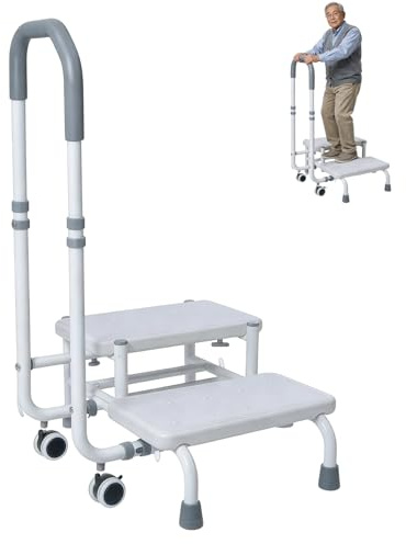 2 Treppenstufen Trittstufe, Badewannenstufe mit 360° Drehbaren Lenkrollen, Tritthocker mit Griff 5-Stufige Höhenverstellung, Tragkraft Bis 136kg, Senioren Rutschfest Haushaltstritt Für Bett, Badewanne