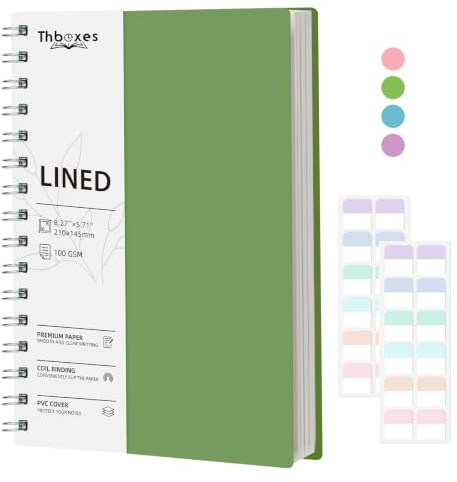 Thboxes A5 Notebook, Wirebound Spiral Notebooks 200 Pages, 100gsm Lined Paper PVC Waterproof Cover Notepad with 24 Labels for Women Men Work Office School, 14.5 x 21cm - Green