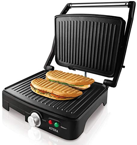 Taurus Asteria - Grill y plancha de asar, 2200W, placas de 28 x 22 cm, parrilla eléctrica con regulador de temperatura, apertura 180º, asa de toque frío, antiadherente libre de PFOA, Negro/Inox