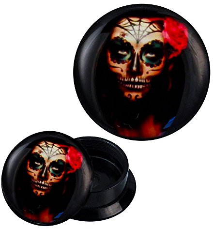 CHICNET Schraub Plug Acryl Sugarskull Rose Spinnennetz grün pink Piercing Ohrschmuck 10 mm