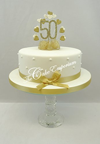 CAKE DECORATION GOLDEN 50th WEDDING ANNIVERSARY DIAMANTE CAKE TOPPER HEART WITH MATCHING RIBBON PACK