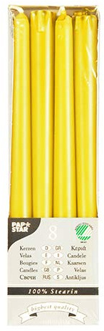 PAPSTAR Kerze, 8er Pack, 22 mm, gelb, 25 cm, Zylindrisch, Unparfümiert, für die Gastronomie, ca. 7 Stunden Brenndauer