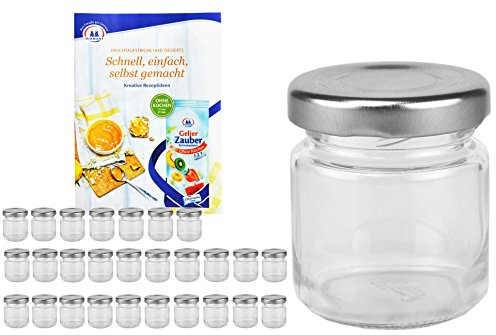 MamboCat Set de 28 pots ronds 53 ml avec couvercles argentés TO 43 Livret de recettes Diamant Gelierzauber (français non garanti), bocaux, conserves, bocaux de conservation, mini pot en verres