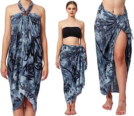 Ciffre Sarong Pareo Wickelrock Lunghi Dhoti Tuch Strandtuch Tribal Gecko Grau Schal + Schnalle