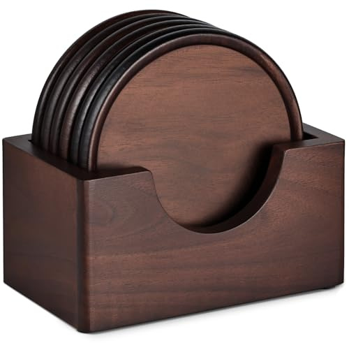 Holz-Untersetzer Set 6 STK m. Halter, 100% Holz-Untersetzer für Getränke | 10 cm Walnuss Couchtisch Untersetzer Set Wohndekor für Küche, Bauernhaus, Büro, Wohnzimmer, Einweihungsgeschenk, Rund