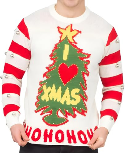 Costume Agent I Love Xmas HOHOHO Light Up (LED) and Bells on Sleeve Jumper Ugly Christmas Sweater White