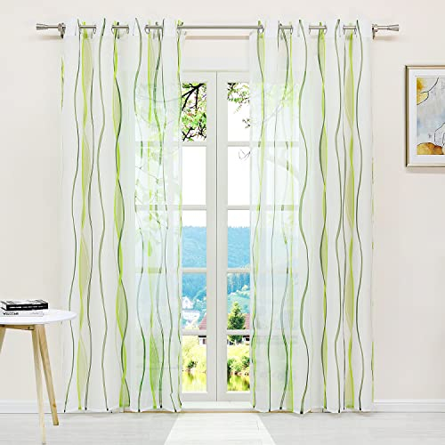 ESLIR Gardinen mit Ösen Vorhänge Gardinenschals Transparent Schlaufenschal Wellen Muster Voile Grün BxH 140x175cm 1 Stück