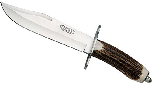 Joker Bowiemesser Bowie 20 CC100 mit Hirschhorngriff, Gürtelmesser mit MOVA Stahl 20 cm Klinge, braune Lederscheide, Werkzeug zum Angeln, Jagen, Camping und Wandern