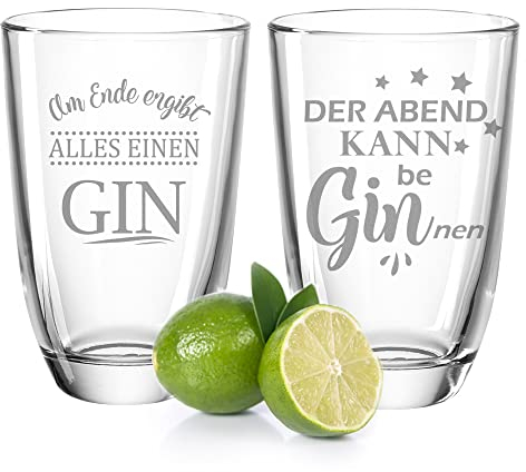GRAVURZEILE 2er Set GIN Gläser mit Gravur - Der Abend kann be beGINnen & Am Ende ergibt alles einen Gin - Geschenk für Kollegen, Freunde & Familie - GIN-Tonic Tumbler Party Geschenkset