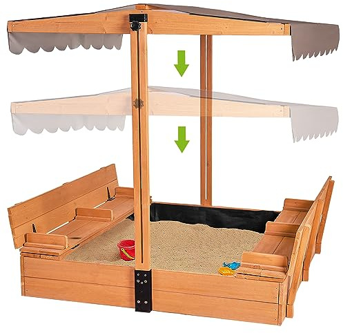 GUTINNEEN Kids Wooden Outdoor Sandbox w/ Canopy, 2 Foldable Bench Seats, Retractable Roof Sand Protection Liner 47x47-Inch