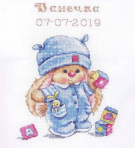 Kreuzstich-Stickset für Erwachsene, Kinder und Anfänger – Geburt – Kaninchen Mi Baby Boy 13 x 17 cm, 14 Stück