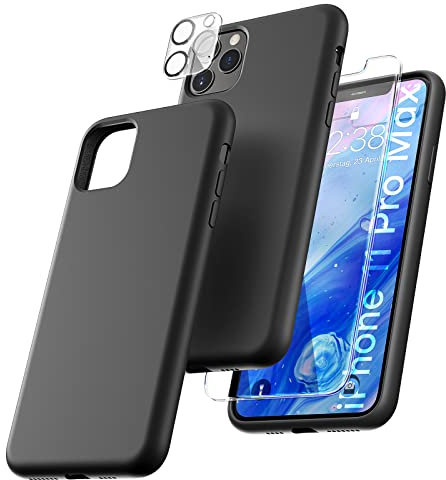 TOCOL 5 in 1 for iPhone 11 Pro Max Case 6.5, with 2 Pack Screen Protector + 2 Pack Camera Lens Protector, Liquid Silicone Slim Shockproof Full-Body Cover [Anti-Scratch] [Drop Protection], Black
