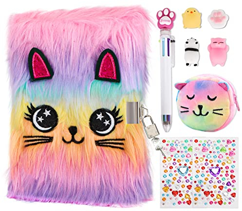 homicozy 9 Stück Tagebuch Mädchen Set mit Schloss, Geheimes Plüsch Katze Notizbuch, 160 Liniertes Seiten, A5 Privates Tagebuch Kinder mit Geldbörse, Stift, Journal Geschenke zum Schreiben Zeichnen