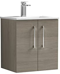 nuie ARN2521B Arno Modern Bathroom Wall Hung 2 Door Vanity Unit with Minimalist Ceramic Basin, 500mm, Woodgrain Solace Oak