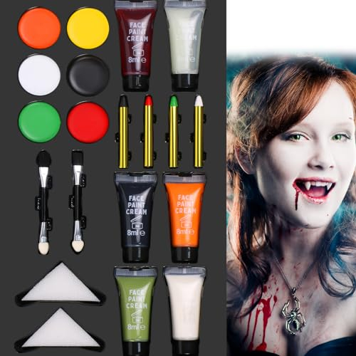 Aomig Halloween Make Up, 20 Stück Halloween Schminke mit 6 Farben+Malstifte+Kunstblut+Schwamm+Pinsel, Waschbar Schminke Halloween, Halloween Schminke Erwachsene für Halloween Zombie Vampir Cosplay