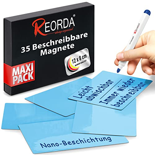 Reorda® Magnetstreifen beschreibbar - 35 Stück wiederbeschreibbar – 12 x 8 cm Blau | Beschreibbare Magnete für Whiteboard, Kanban, Magnettafel | Beschriftbare Magnete für den Kühlschrank