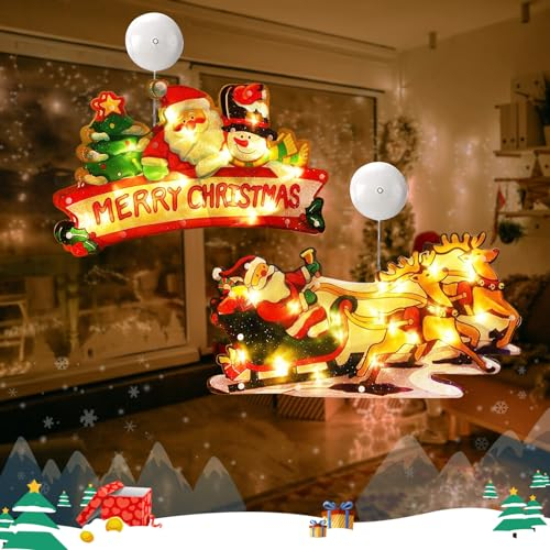 2 Pezzi Luci di Natale da Interno 3D, Decorazioni Natalizie Luminose per Finestre, Illuminazione di Natale Lampada da Finestra Ventosa, Decorazioni Natalizie Americana Casa Interno (Sled/Buon Natale)