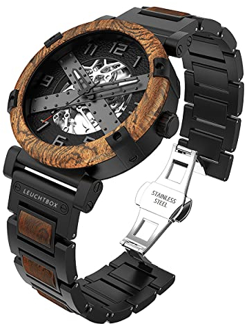 Leuchtbox Premium Edelholz Uhr Automatik Herren Skelettuhr Mechanische Armbanduhr Schwarzes Edelstahlgehäuse Verstellbares Armband ATM 3 spritzwasserdicht X-Series (X-01)